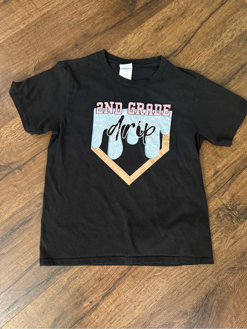 2nd Grade Drip Kids T-Shirt - Black with Blue & Pink Graphic